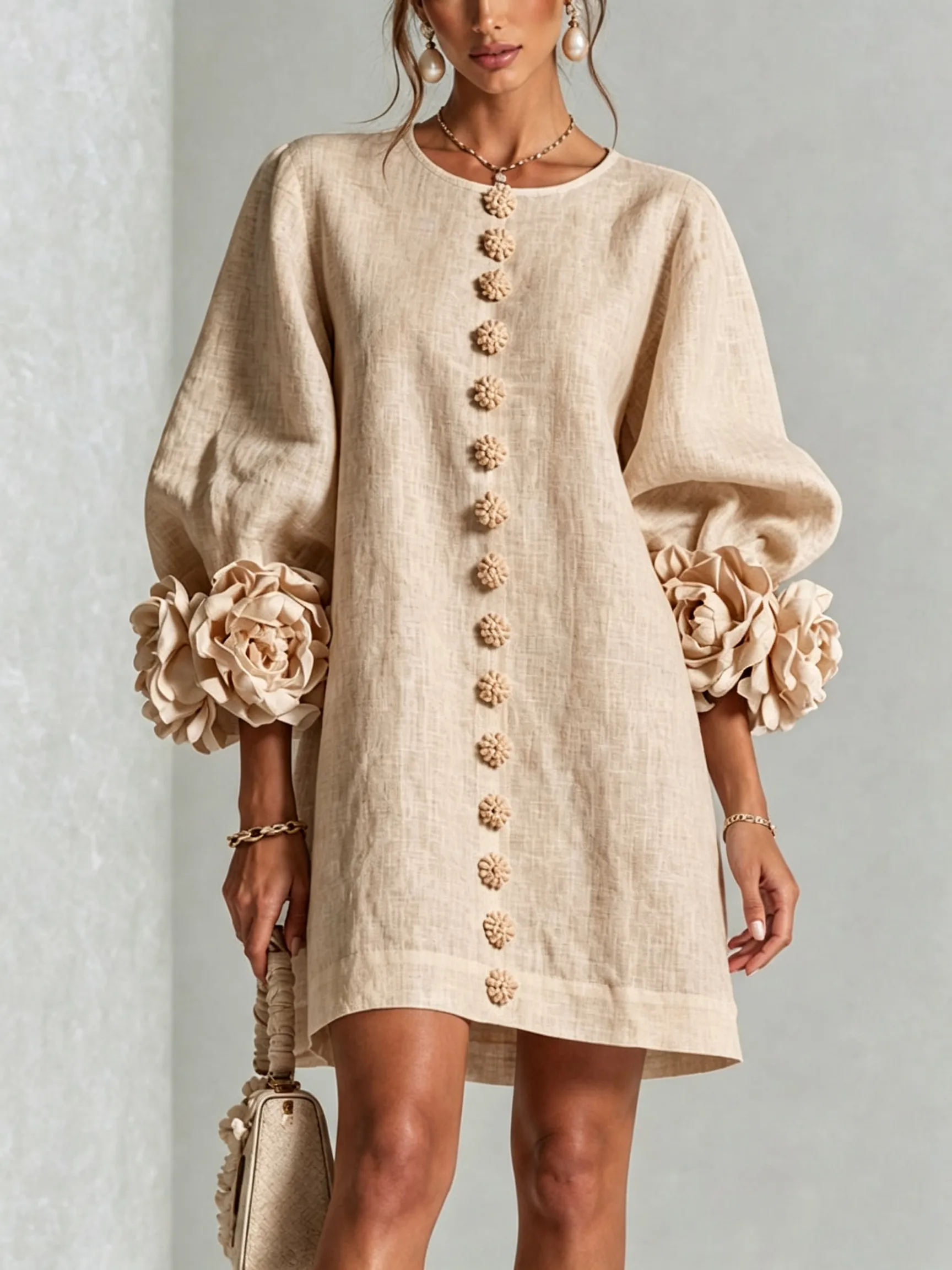 💝💝White Floral Button-down Mini Dress With Striking Floral Cuffs