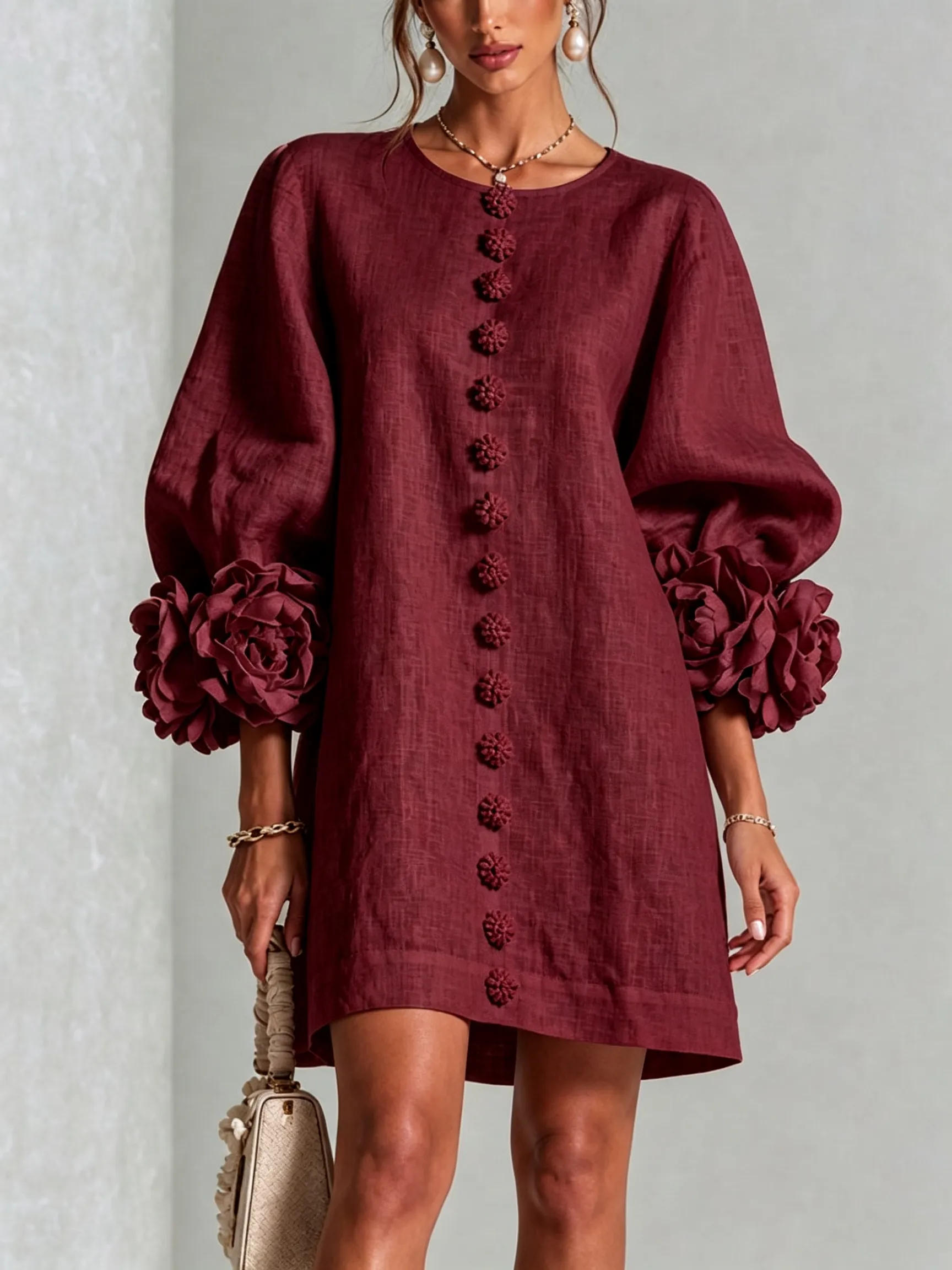 💝💝White Floral Button-down Mini Dress With Striking Floral Cuffs