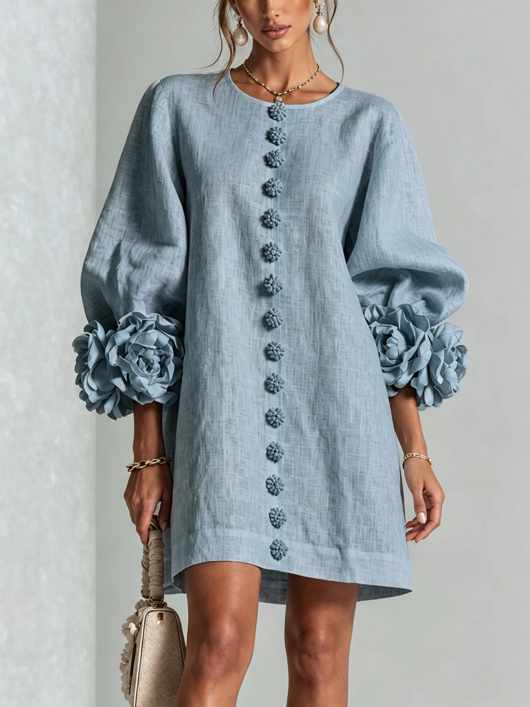 💝💝White Floral Button-down Mini Dress With Striking Floral Cuffs