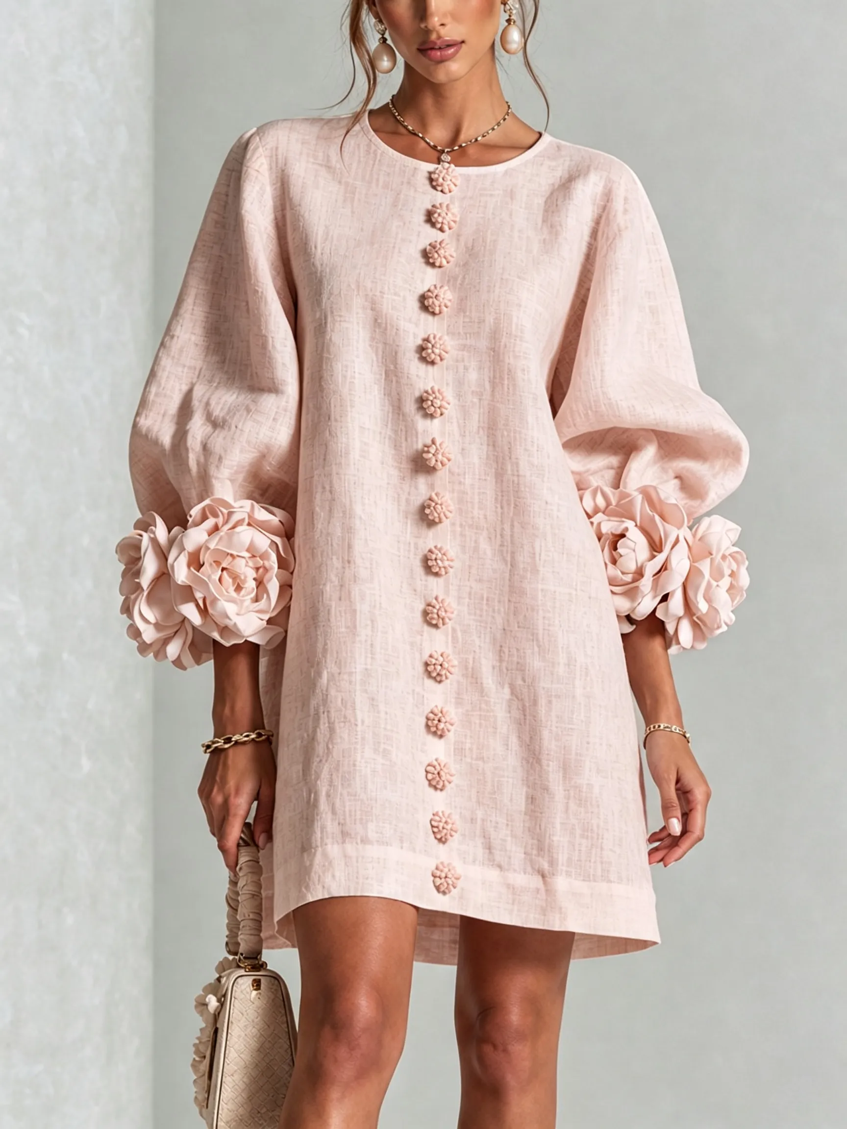💝💝White Floral Button-down Mini Dress With Striking Floral Cuffs