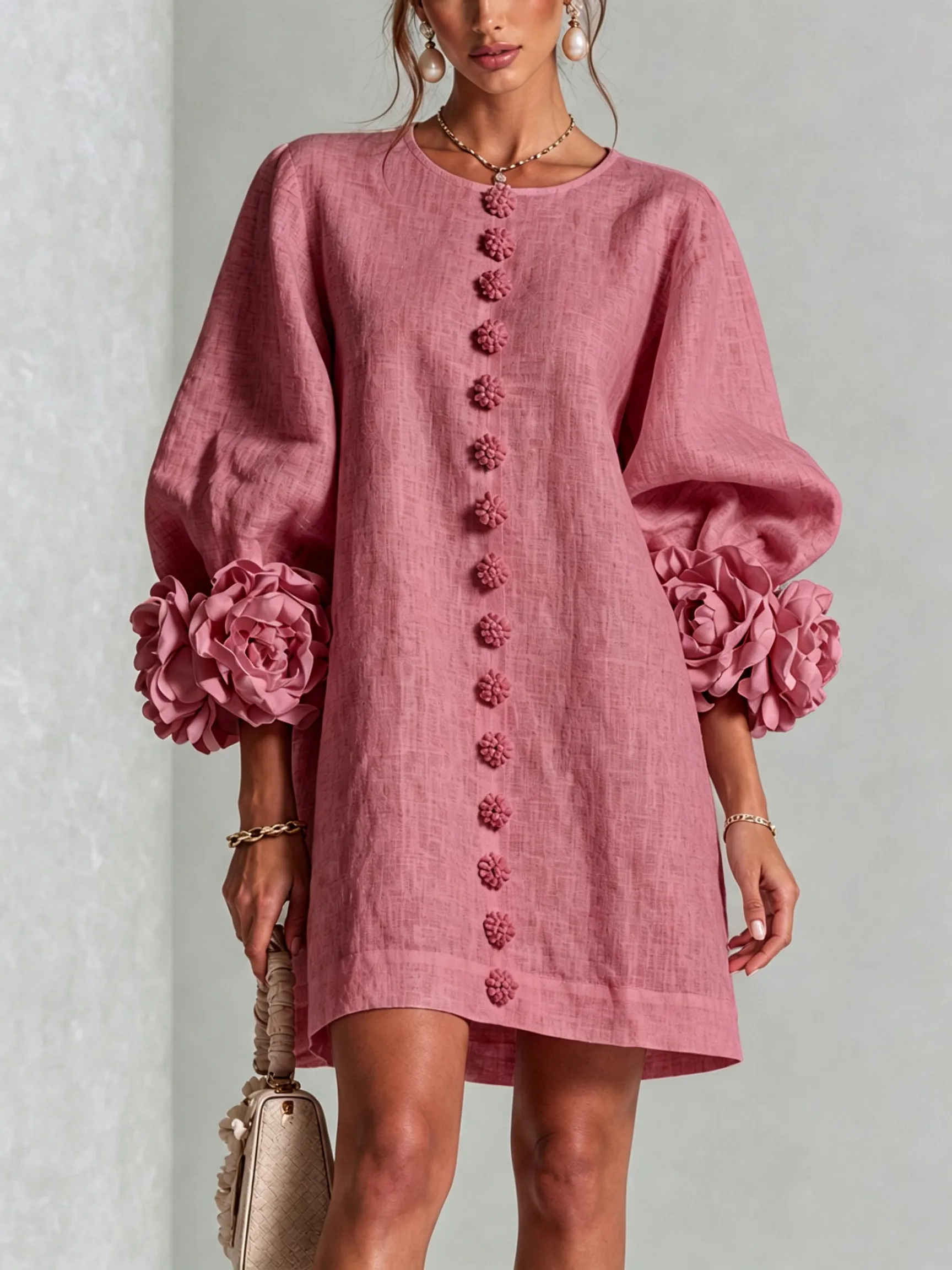💝💝White Floral Button-down Mini Dress With Striking Floral Cuffs