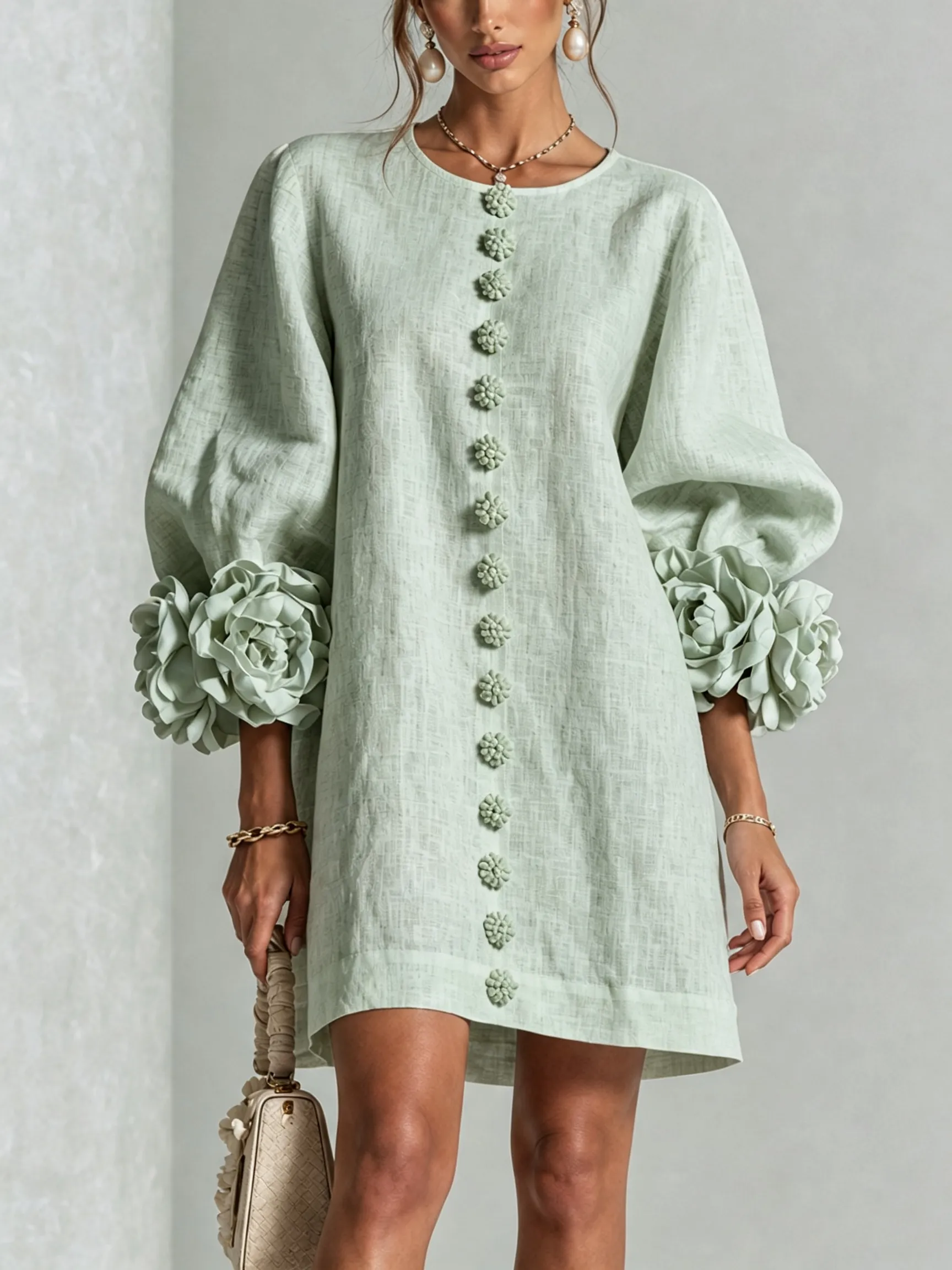 💝💝White Floral Button-down Mini Dress With Striking Floral Cuffs