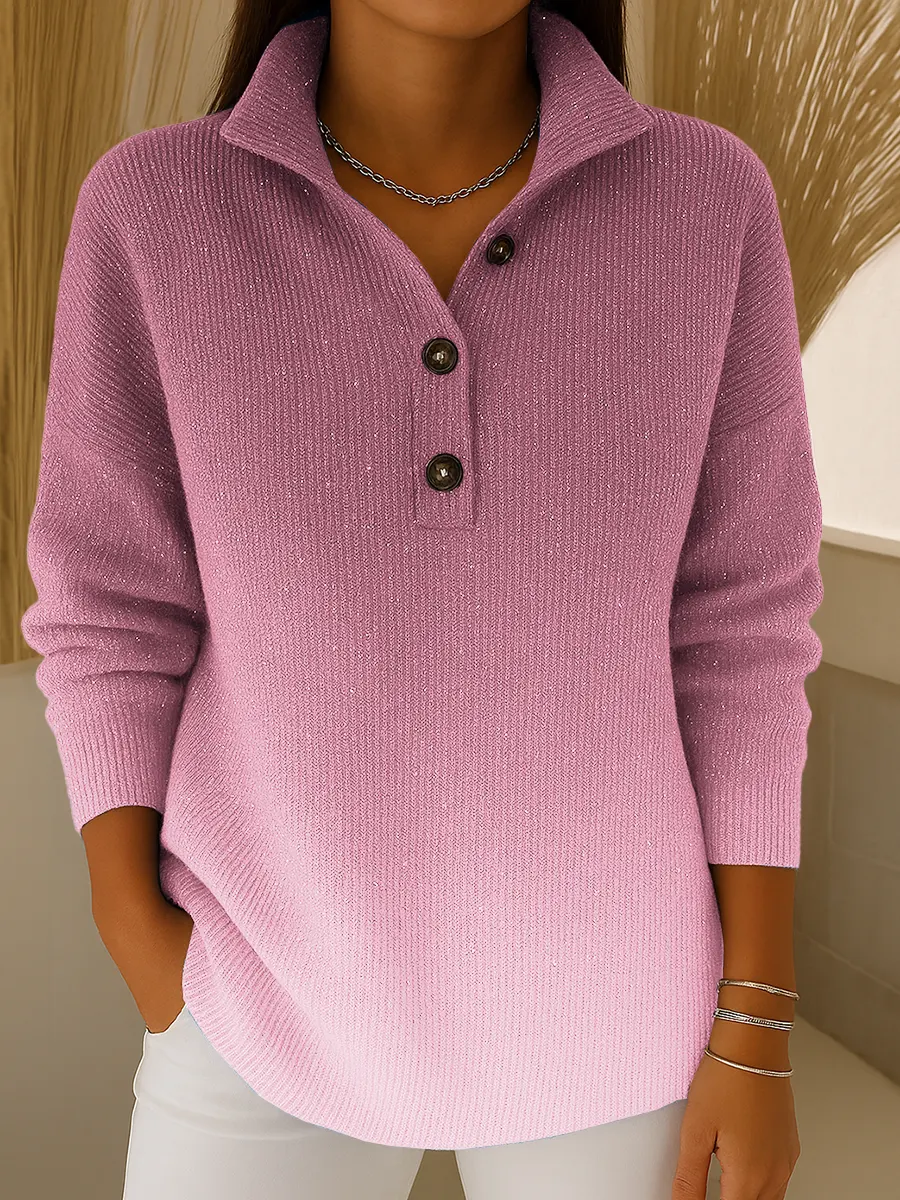 Women's Gradient Print Collared Long Sleeve Casual Loose Sequined Knit Cardigan