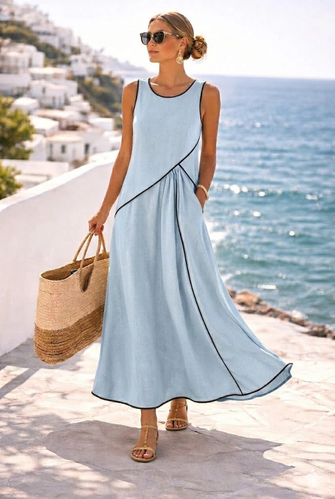 Sleeveless Crew-Neck Color-Block Drapey Maxi Dress