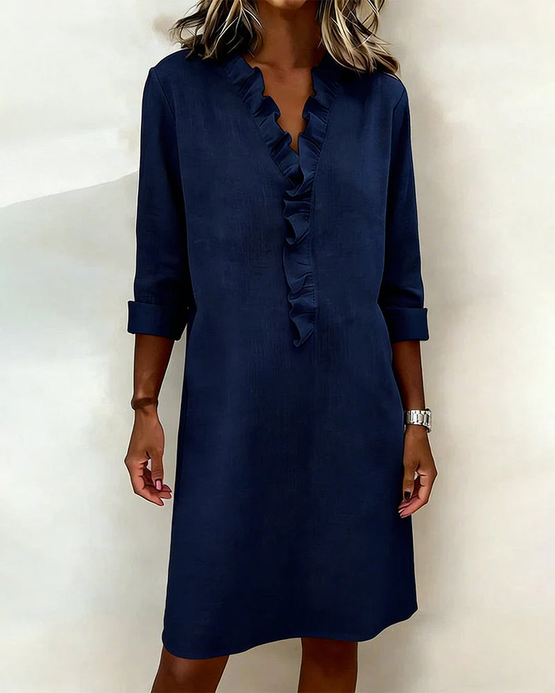 Ruffled V Neck Solid Color Dress