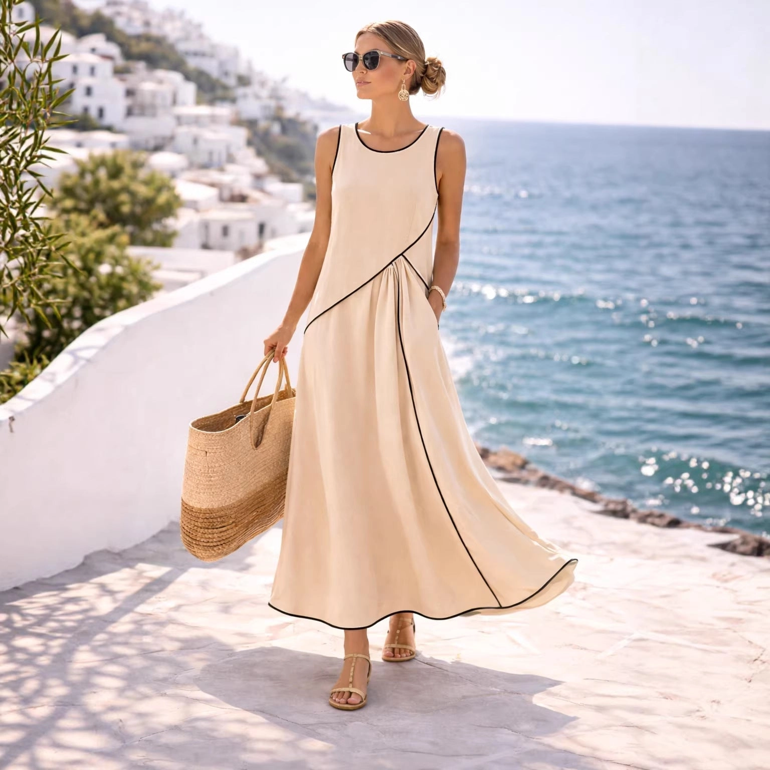 Sleeveless Crew-Neck Color-Block Drapey Maxi Dress