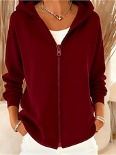 Women's Zip Up Hoodies Plain Elegant Warm Fashion Long Sleeve Hooded Regular Tops Home Work Street Patchwork Zipper dark brown claret Navy Black Pink Fall Winter