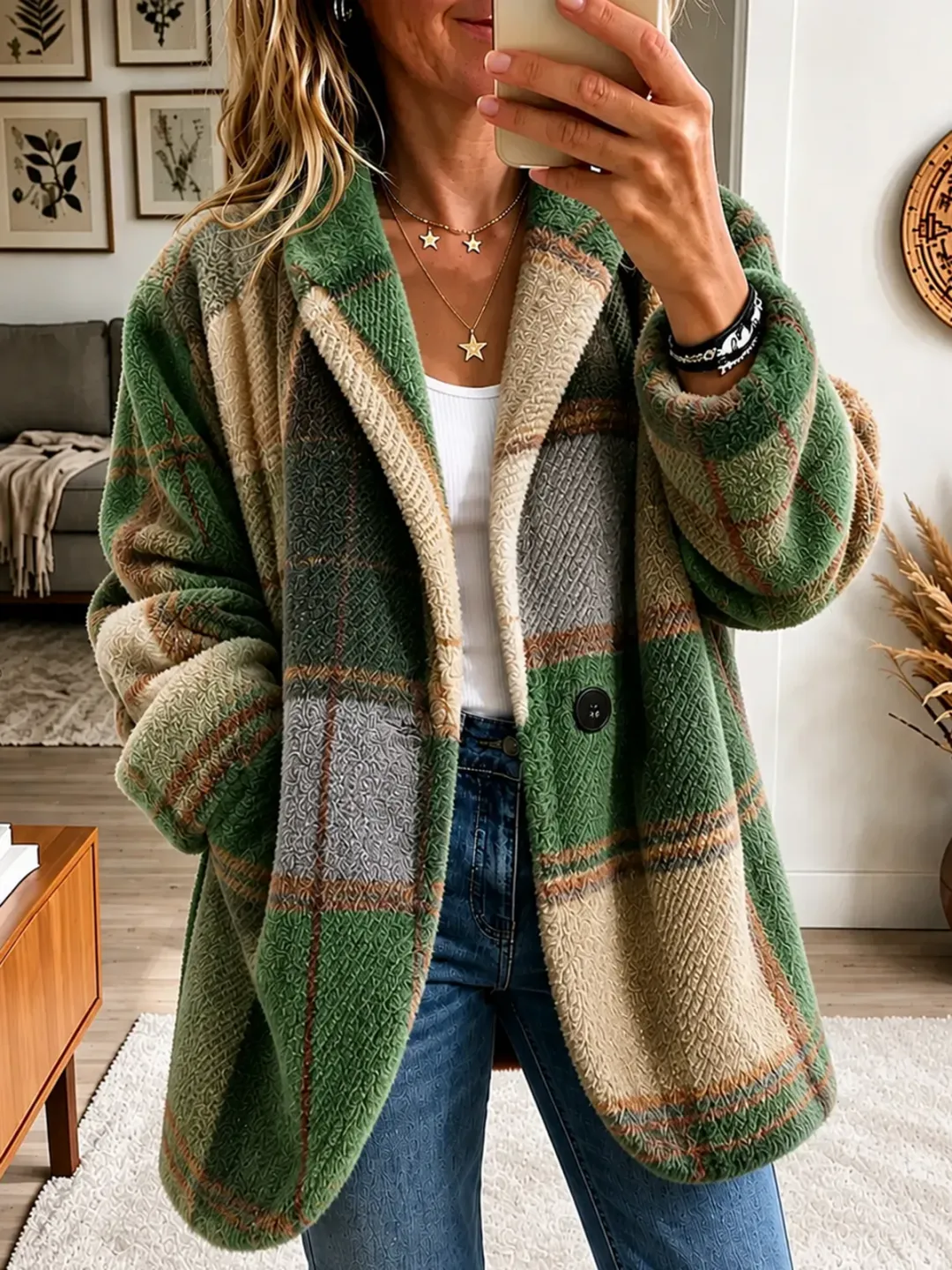 Vibrant Plaid Fuzzy Fleece Jacket