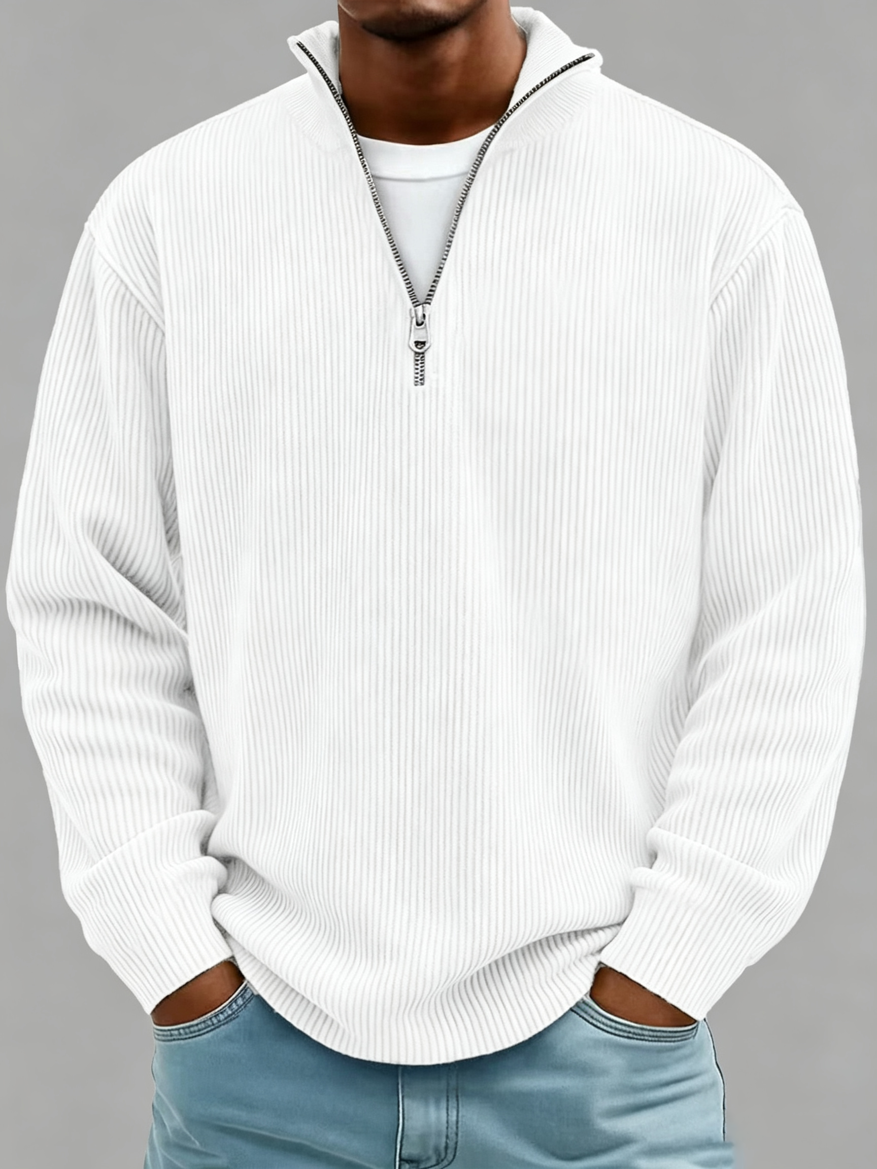 Men's Simple Casual Ribbed Stand Collar Zipper Long Sleeve Sweatshirt