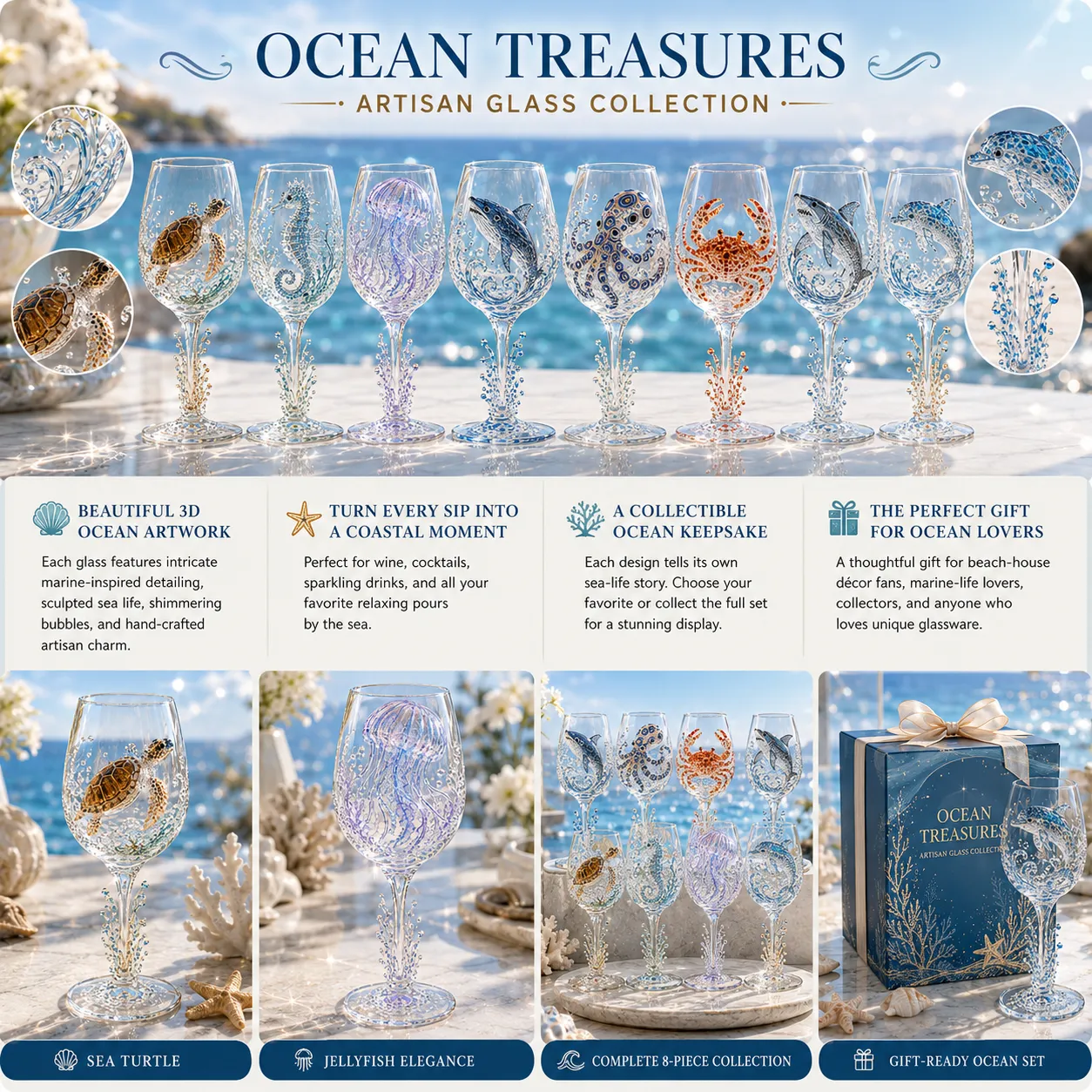 🌊Ocean Treasures Handcrafted 3D Sea Life Wine Glass Collection