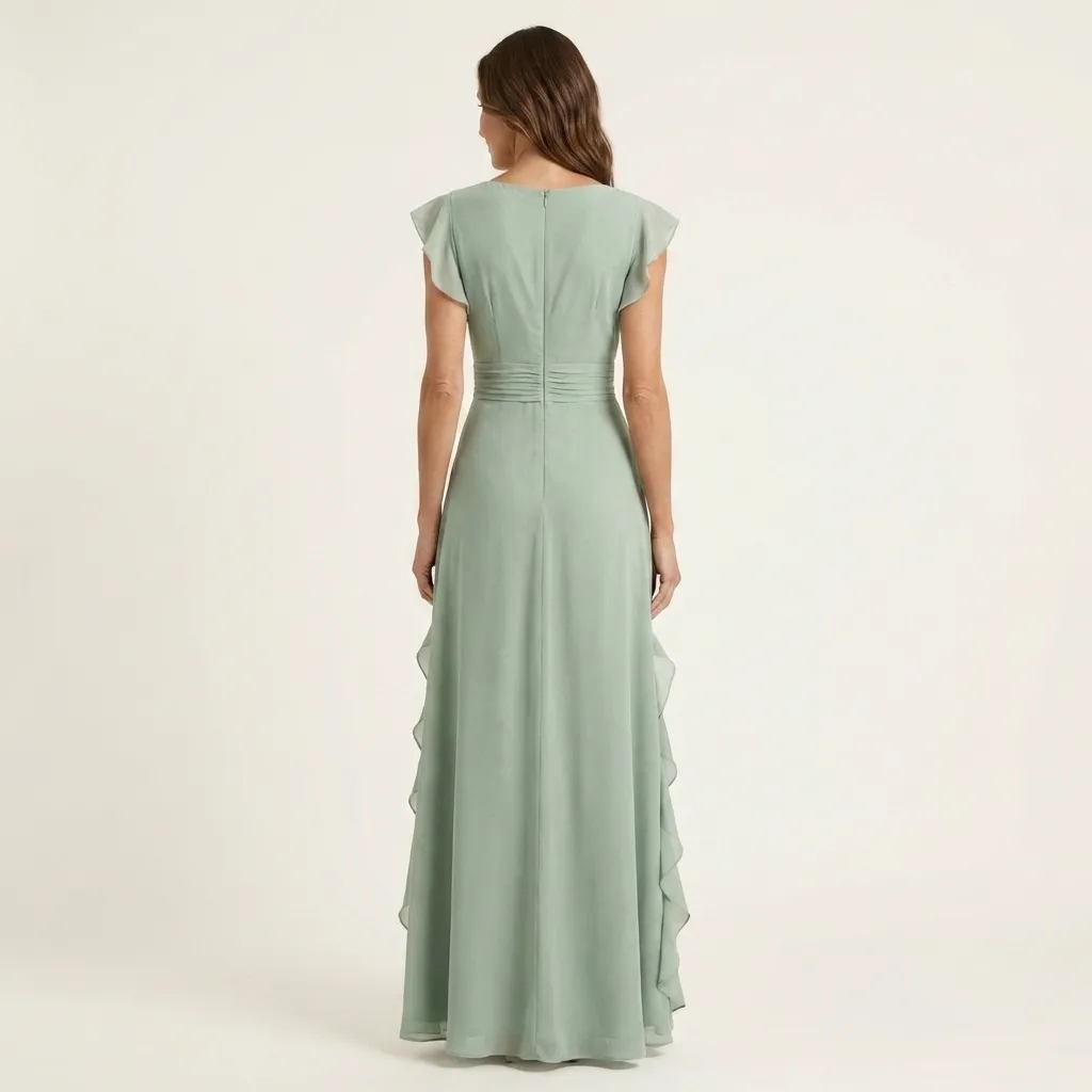 Chiffon Ruffle Maxi Dress - V-Neck Flutter Sleeve Cascading Tiered Wedding Guest Formal Gown