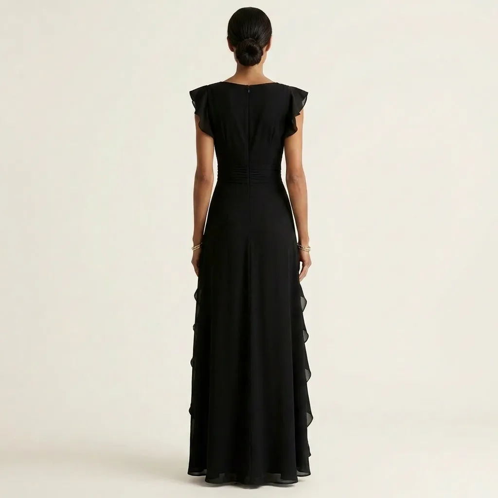 Chiffon Ruffle Maxi Dress - V-Neck Flutter Sleeve Cascading Tiered Wedding Guest Formal Gown
