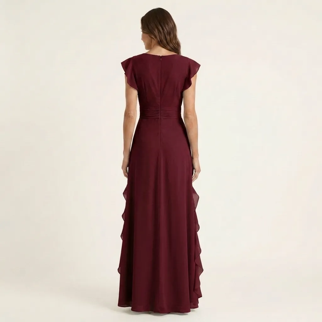 Chiffon Ruffle Maxi Dress - V-Neck Flutter Sleeve Cascading Tiered Wedding Guest Formal Gown