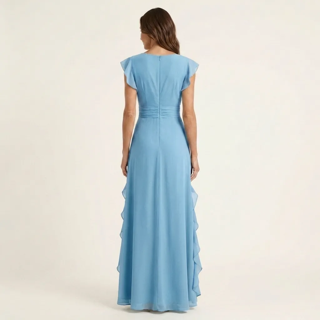 Chiffon Ruffle Maxi Dress - V-Neck Flutter Sleeve Cascading Tiered Wedding Guest Formal Gown