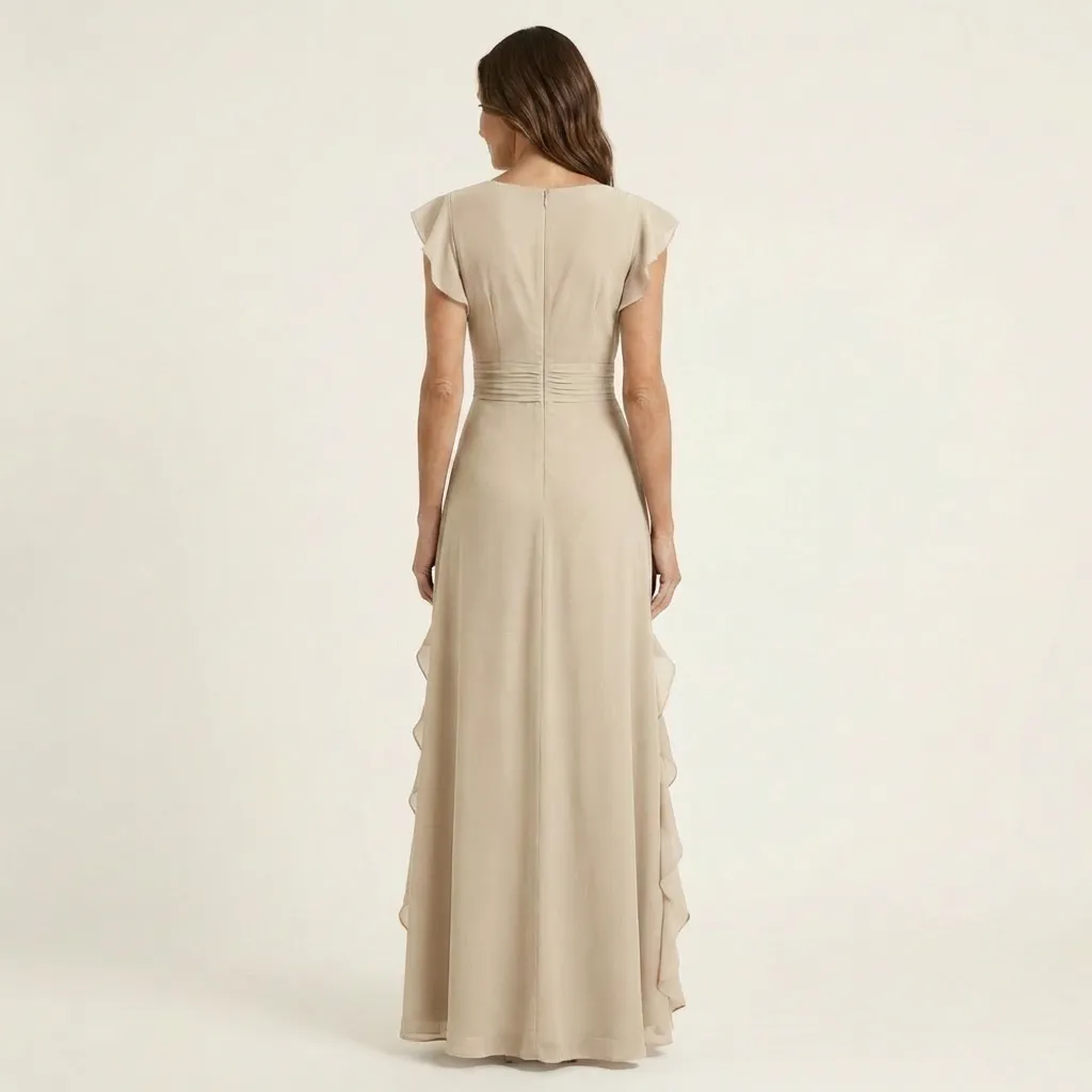 Chiffon Ruffle Maxi Dress - V-Neck Flutter Sleeve Cascading Tiered Wedding Guest Formal Gown