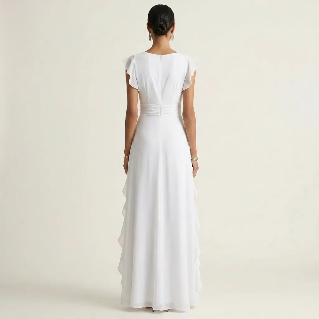 Chiffon Ruffle Maxi Dress - V-Neck Flutter Sleeve Cascading Tiered Wedding Guest Formal Gown