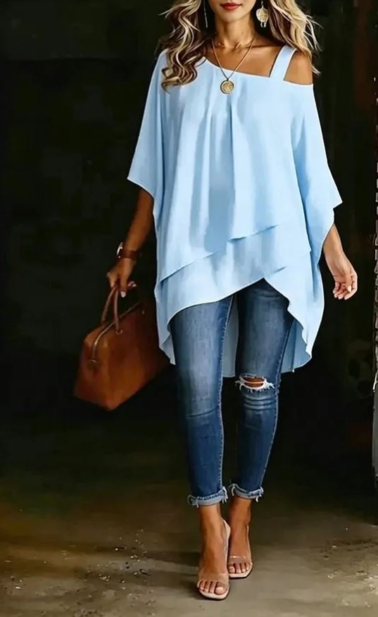 Asymmetric Cold Shoulder Solid Color Casual Blouse