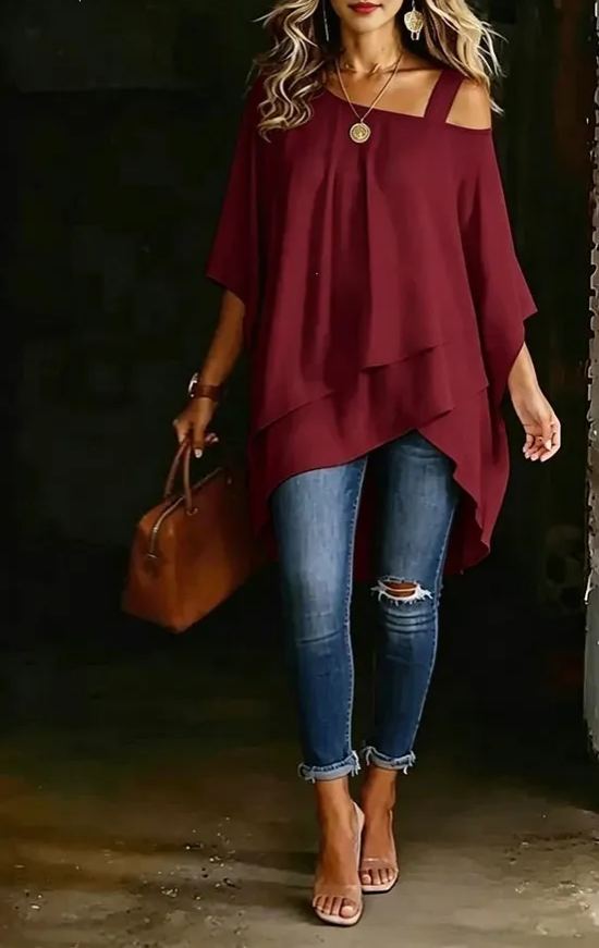 Asymmetric Cold Shoulder Solid Color Casual Blouse