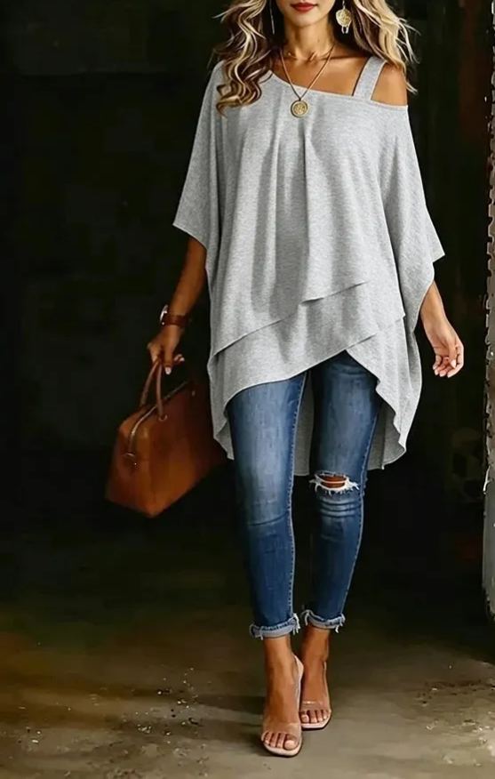 Asymmetric Cold Shoulder Solid Color Casual Blouse