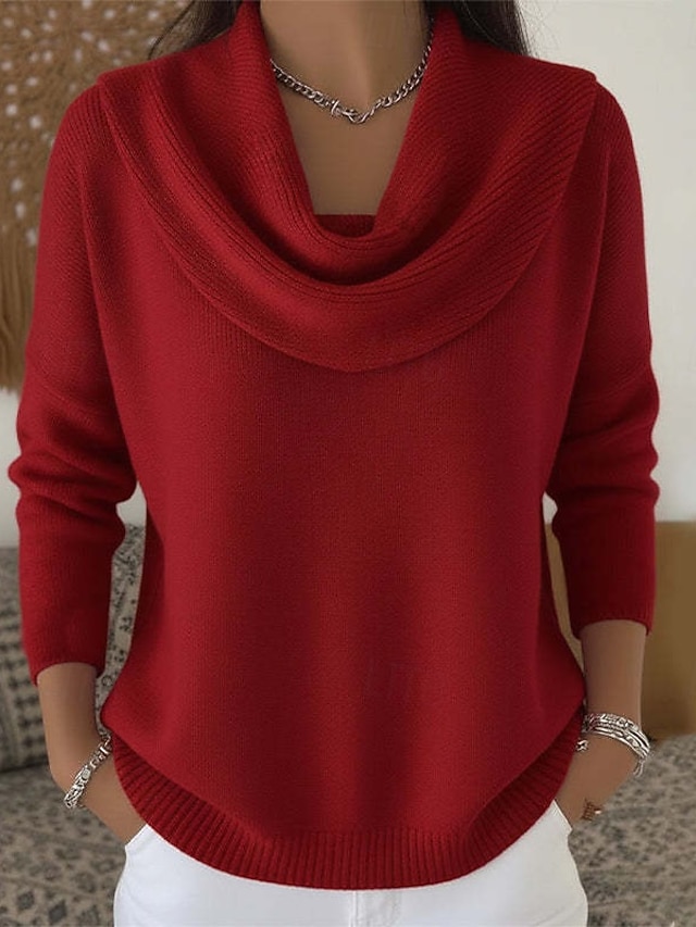 Women's soft and comfortable solid color ribbed turtleneck long-sleeved knit top.