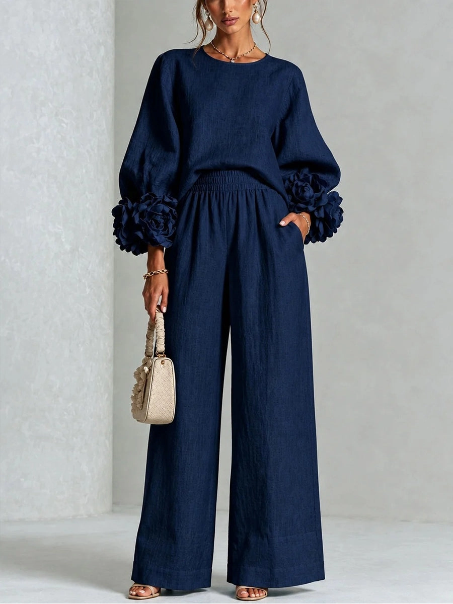 Chic 3D Rosette Sleeve Two-Piece Set