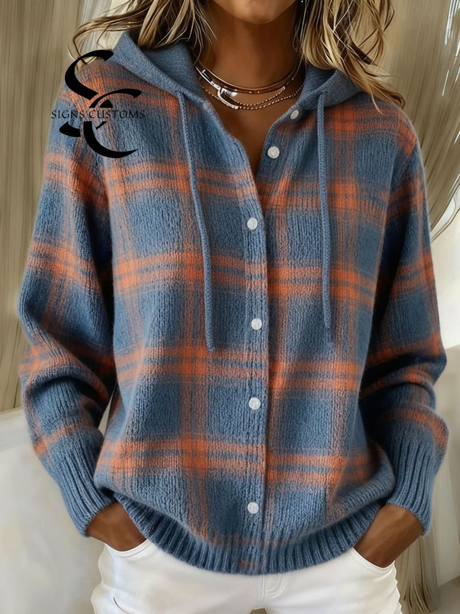 Vintage Soft Check Contrast Hooded Button Knit Cardigan