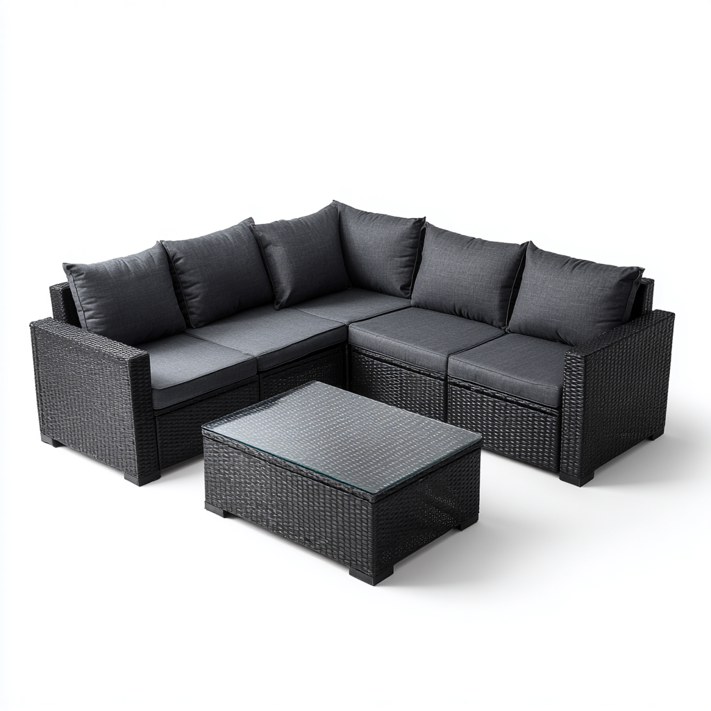 Tuinsofa in zwart gevlochten rattan met grijze kussens 190x190x70 cm - moderne buitenbank met salontafel - geschikt voor buitengebruik-Domainixe