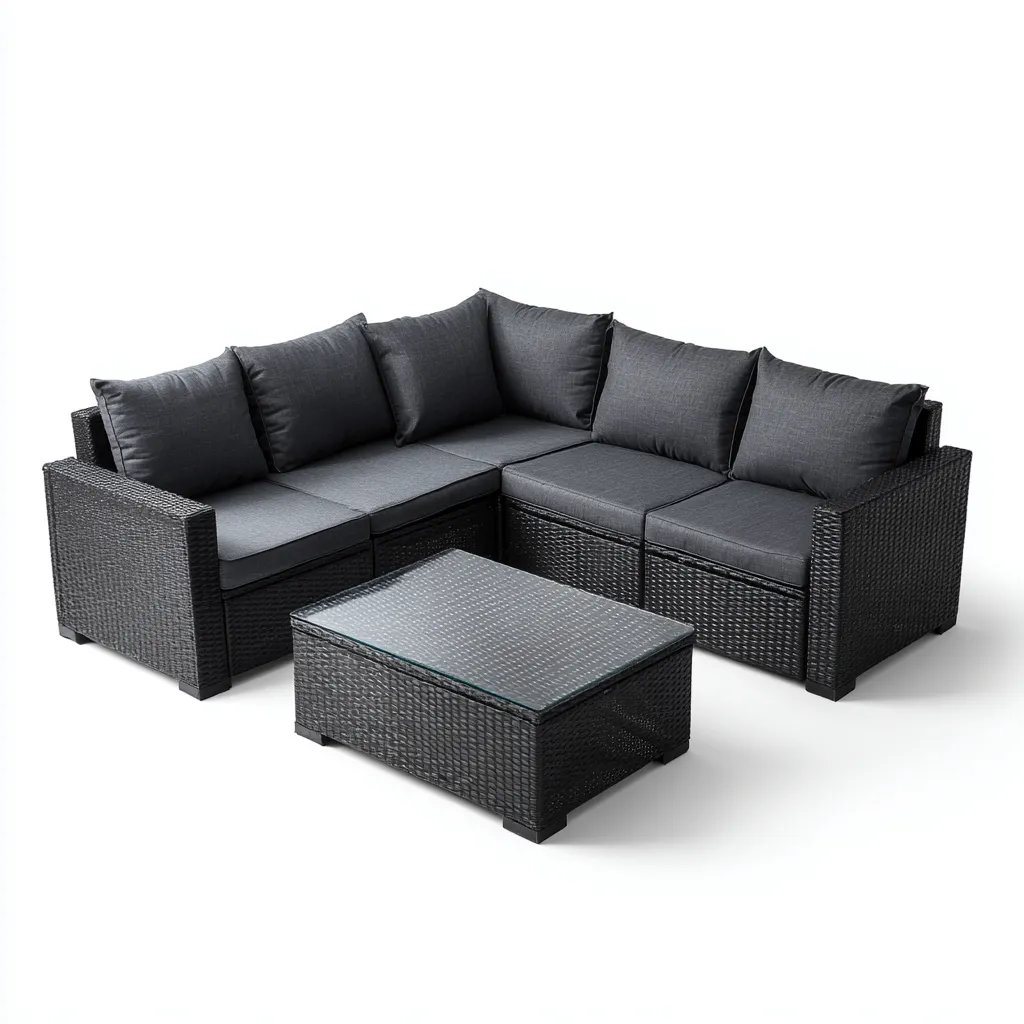 Tuinsofa in zwart gevlochten rattan met grijze kussens 190x190x70 cm - moderne buitenbank met salontafel - geschikt voor buitengebruik-Domainixe