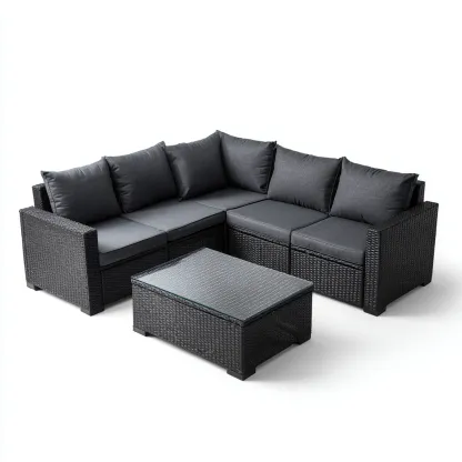 Tuinsofa in zwart gevlochten rattan met grijze kussens 190x190x70 cm - moderne buitenbank met salontafel - geschikt voor buitengebruik-Domainixe