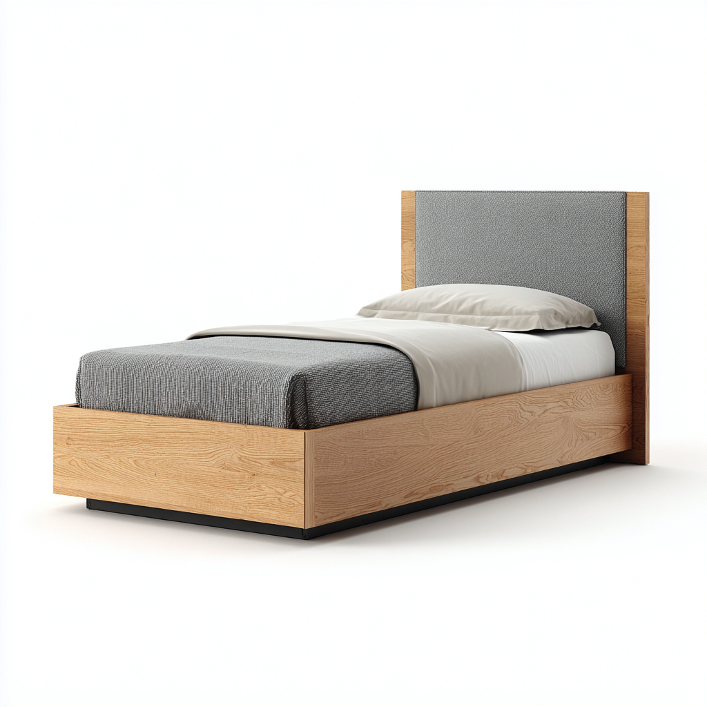 Eenpersoonsbed eikenhout - stof 200x100x95 cm - naturel hout en grijs - modern design - geschikt voor slaapkamer-Domainixe