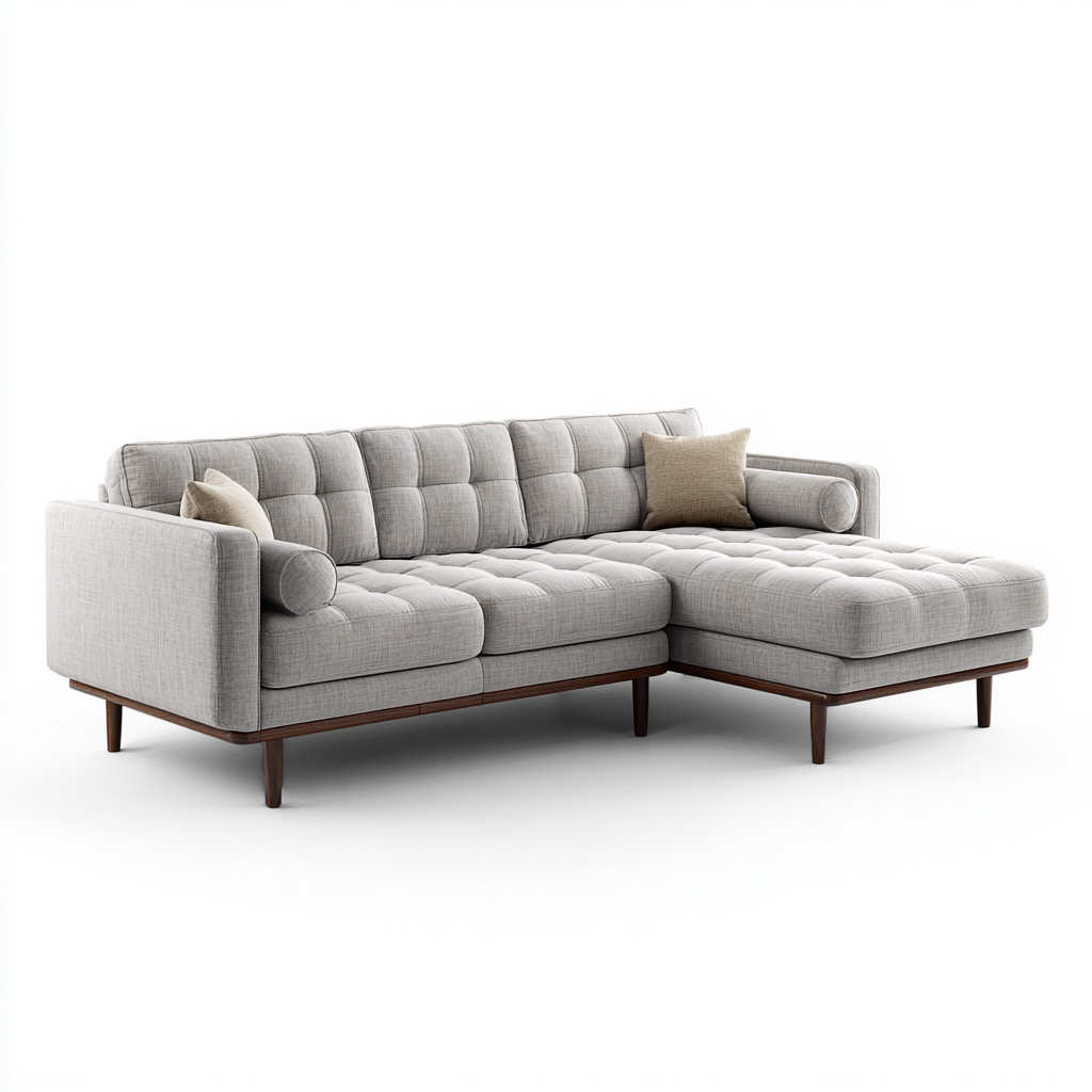 Hoekbank - Stoffen bekleding 275x170x85 cm - Lichtgrijs - Houten poten met capitoné design - Geschikt voor woonkamer-Domainixe