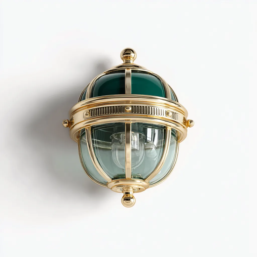 Wandlamp metaal en glas 22x28 cm - goud en groen - klassiek maritiem ontwerp - geschikt voor hal of veranda-Domainixe