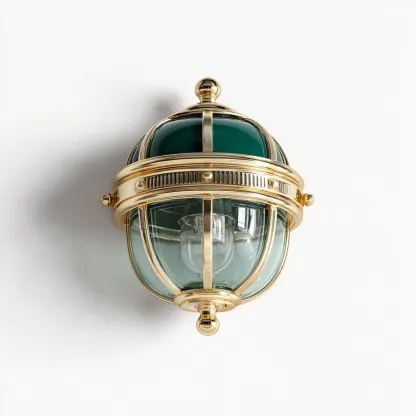 Wandlamp metaal en glas 22x28 cm - goud en groen - klassiek maritiem ontwerp - geschikt voor hal of veranda-Domainixe