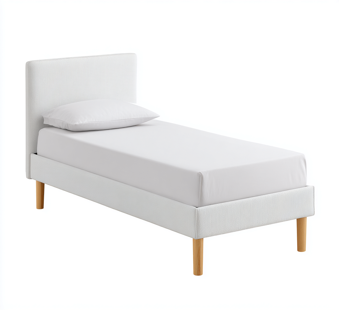 Eenpersoonsbed stof - hout 200x100x95 cm - wit - recht hoofdbord - Scandinavisch design - geschikt voor slaapkamer-Domainixe