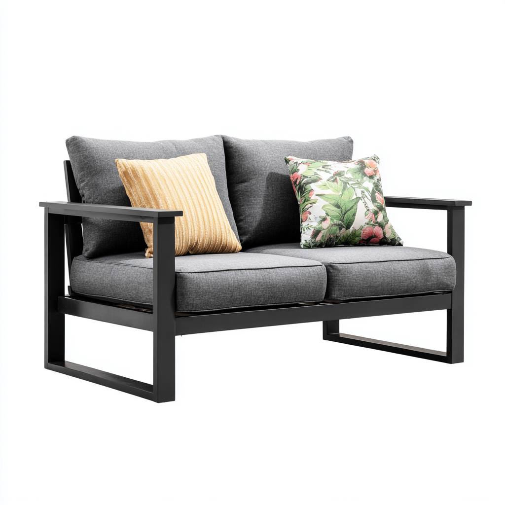 Tuinsofa in zwart metaal en grijze kussens 140x80x75 cm - moderne buitenbank - weerbestendig voor tuin en terras-Domainixe