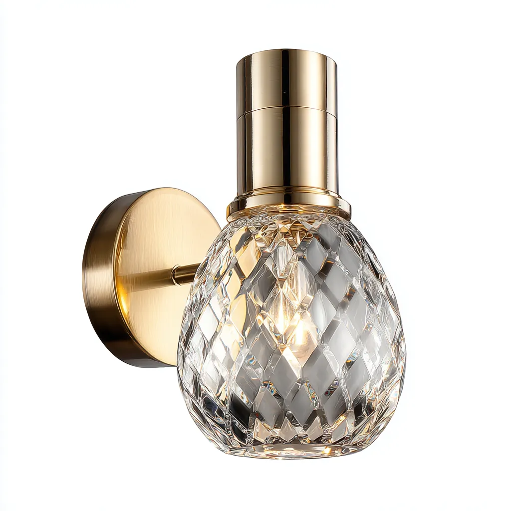 Wandlamp metaal en glas 15x27 cm - goudkleurig met geslepen kristalglas - modern elegant ontwerp - geschikt voor woonkamer of hal-Domainixe