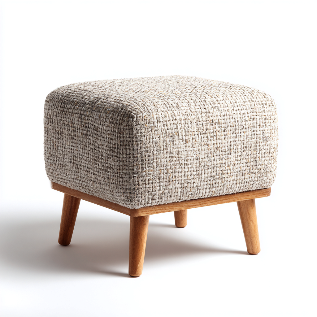 Poef - geweven stof en hout 40x40x45 cm - beige - natuurlijk hout - Scandinavisch design - geschikt voor woonkamer-Domainixe