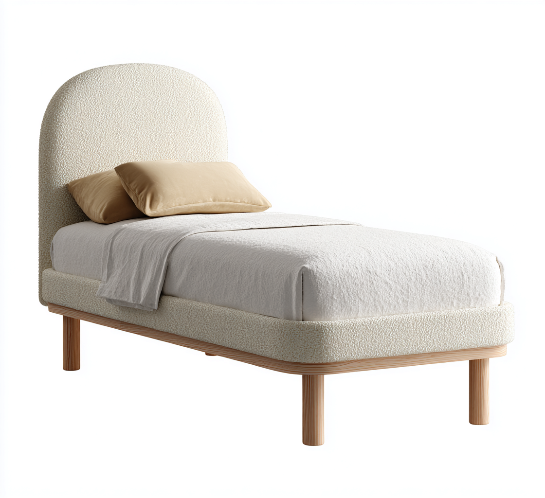 Eenpersoonsbed stof - hout 200x100x95 cm - crème - afgerond hoofdbord - minimalistisch design - geschikt voor slaapkamer-Domainixe