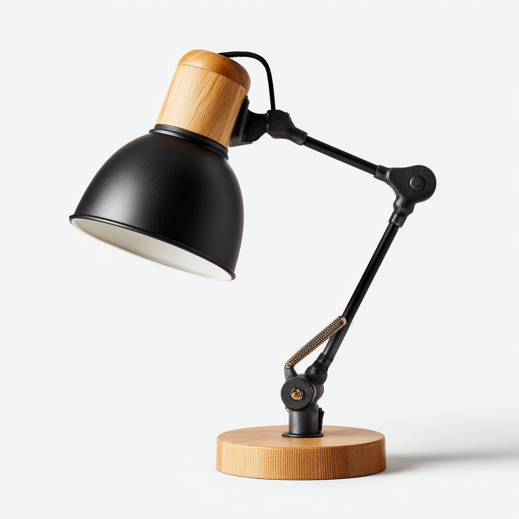 Tafellamp metaal en hout 20x48 cm - zwart en houtkleur - Scandinavisch industrieel design - geschikt voor bureau-Domainixe