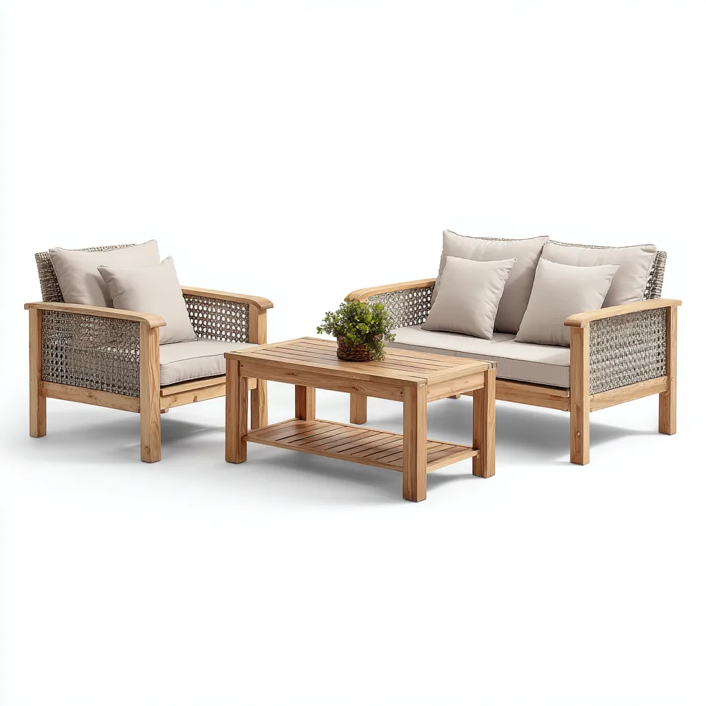Tuinsofa set gevlochten touw en houten frame met beige kussens 190x80x75 cm - natuurlijk ontwerp - geschikt voor buitengebruik-Domainixe