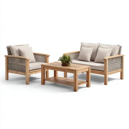 Tuinsofa set gevlochten touw en houten frame met beige kussens 190x80x75 cm - natuurlijk ontwerp - geschikt voor buitengebruik-Domainixe