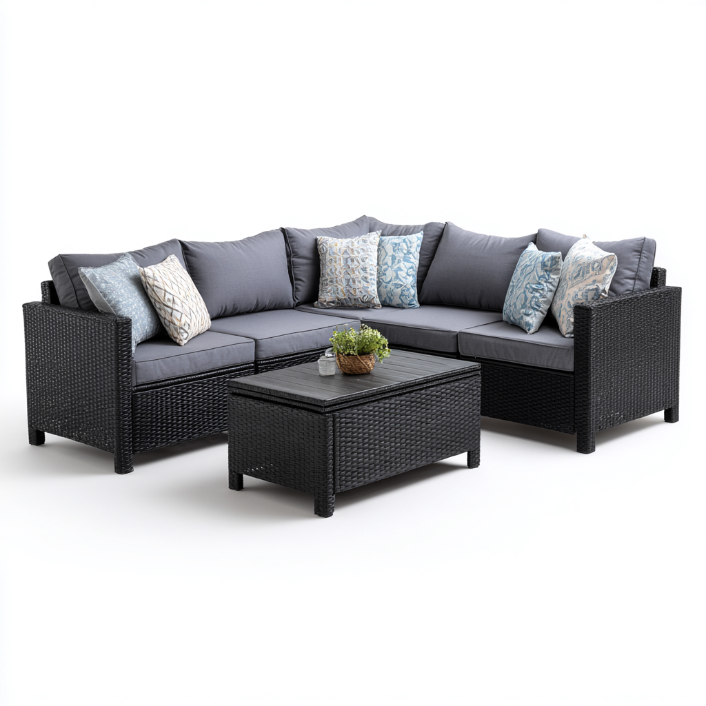 Tuinsofa in zwart gevlochten rattan met grijze kussens 190x190x70 cm - moderne buitenbank met salontafel - weerbestendig ontwerp voor tuin en terras-Domainixe