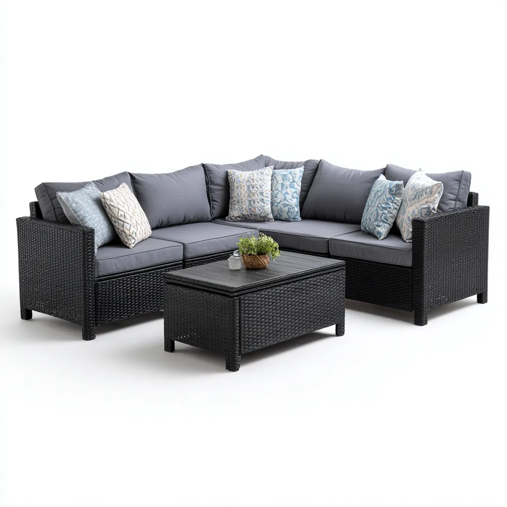 Tuinsofa in zwart gevlochten rattan met grijze kussens 190x190x70 cm - moderne buitenbank met salontafel - weerbestendig ontwerp voor tuin en terras-Domainixe