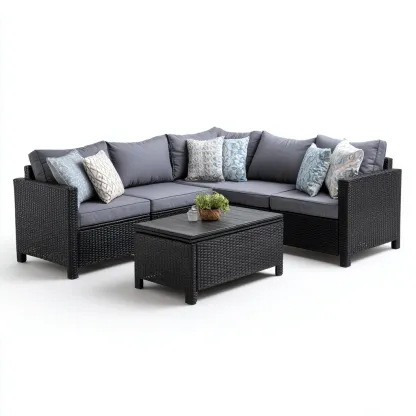 Tuinsofa in zwart gevlochten rattan met grijze kussens 190x190x70 cm - moderne buitenbank met salontafel - weerbestendig ontwerp voor tuin en terras-Domainixe