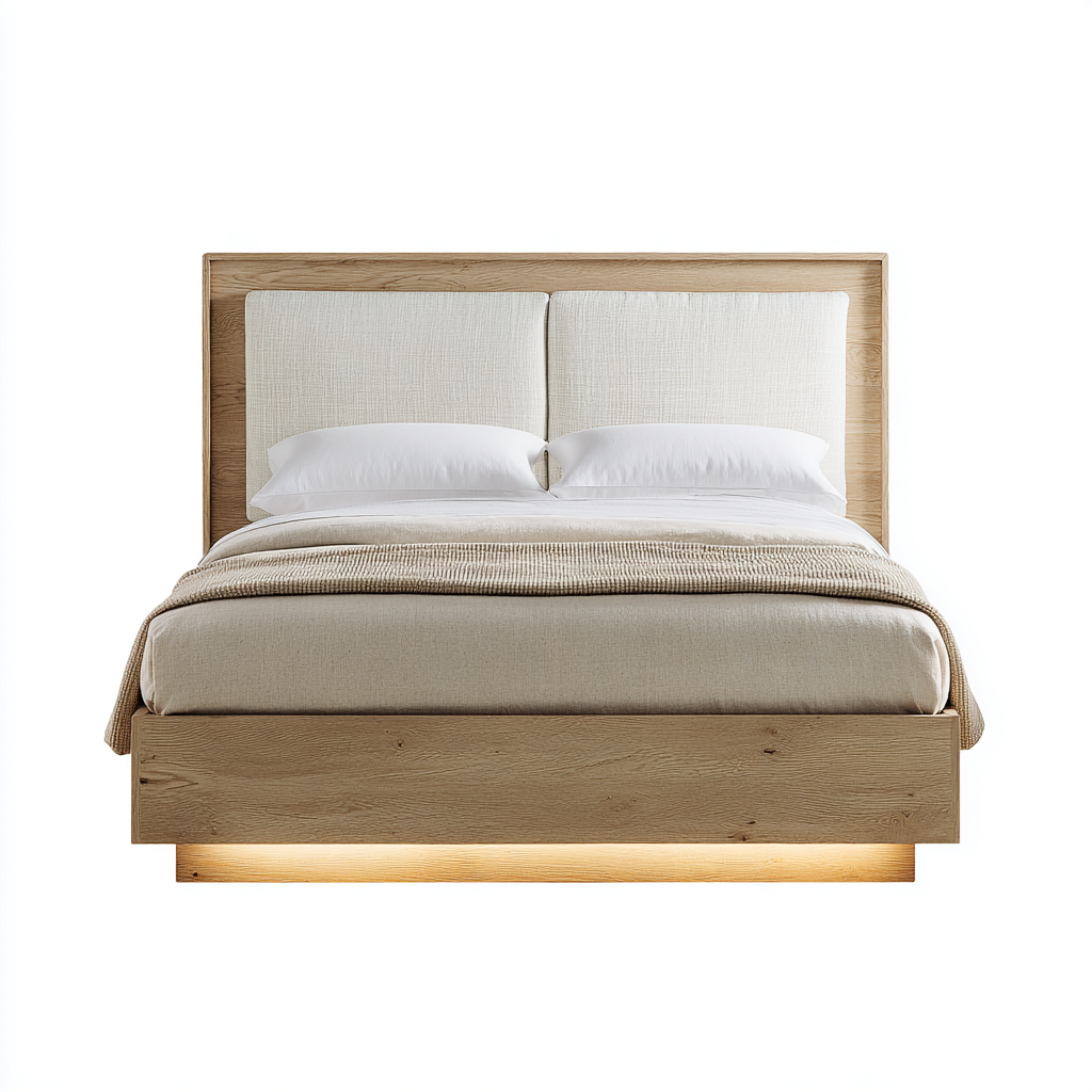 Tweepersoonsbed massief eikenhout met stoffen hoofdbord 200x180x110 cm - naturel houtkleur - geschikt voor slaapkamer - modern design met LED-verlichting-Domainixe