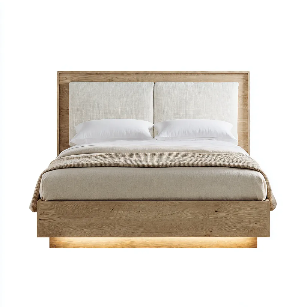 Tweepersoonsbed massief eikenhout met stoffen hoofdbord 200x180x110 cm - naturel houtkleur - geschikt voor slaapkamer - modern design met LED-verlichting-Domainixe