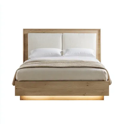 Tweepersoonsbed massief eikenhout met stoffen hoofdbord 200x180x110 cm - naturel houtkleur - geschikt voor slaapkamer - modern design met LED-verlichting-Domainixe