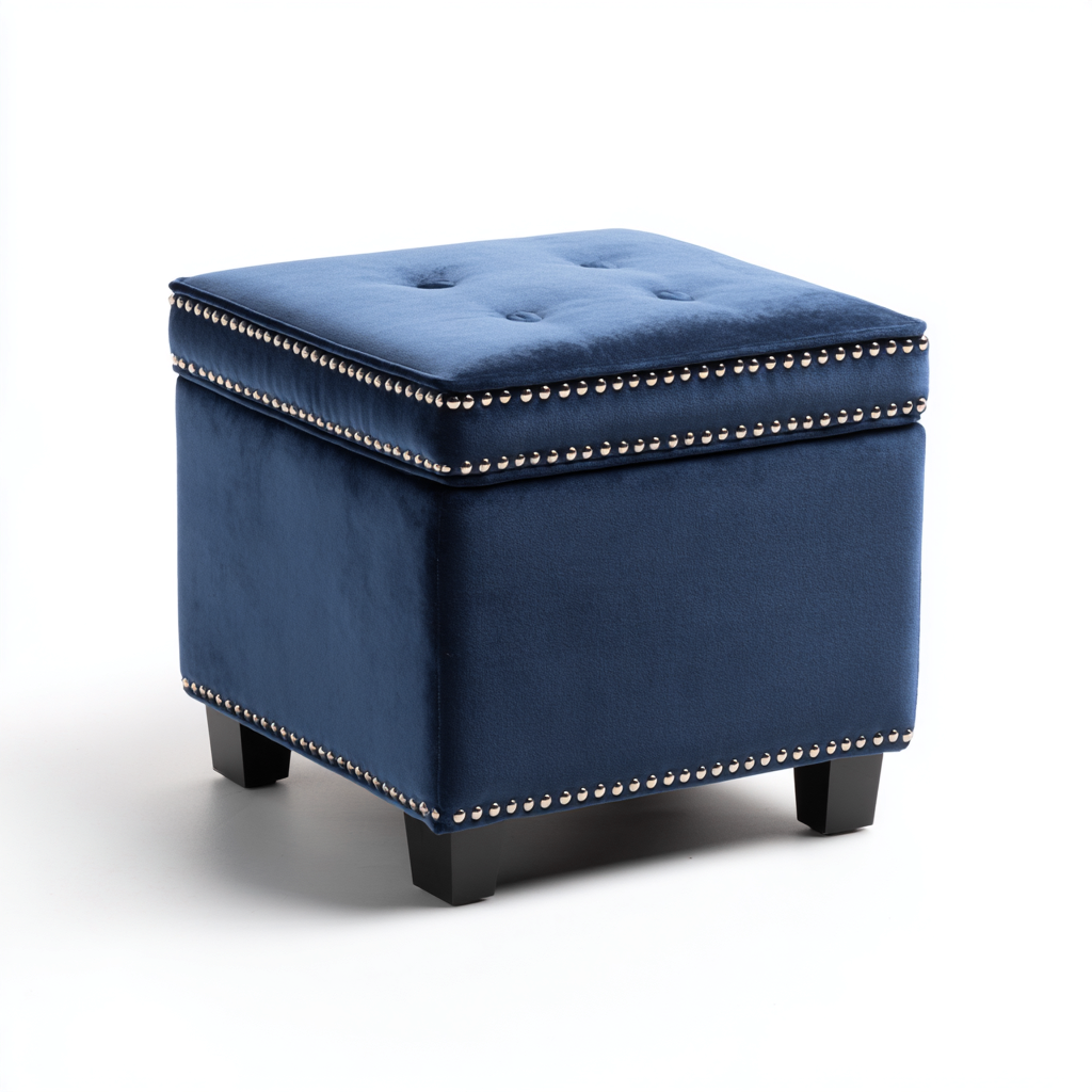 Poef - fluweel en hout 40x40x45 cm - donkerblauw - klassiek design - geschikt voor woonkamer-Domainixe