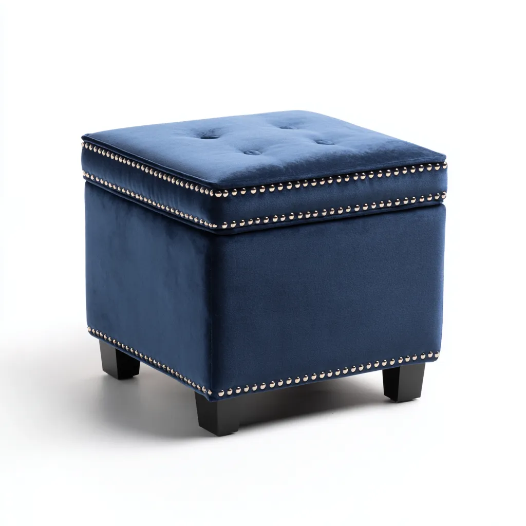 Poef - fluweel en hout 40x40x45 cm - donkerblauw - klassiek design - geschikt voor woonkamer-Domainixe