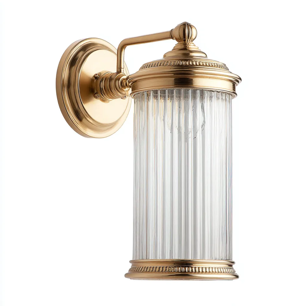 Wandlamp metaal en glas 15x30 cm - messingkleur - cilindrische geribbelde glazen kap - klassiek ontwerp - geschikt voor woonkamer of hal-Domainixe